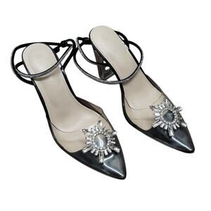 Clear Rhinestone Strappy Ankle Pointed Toe Block Heels ZBY Women's Size 6.5